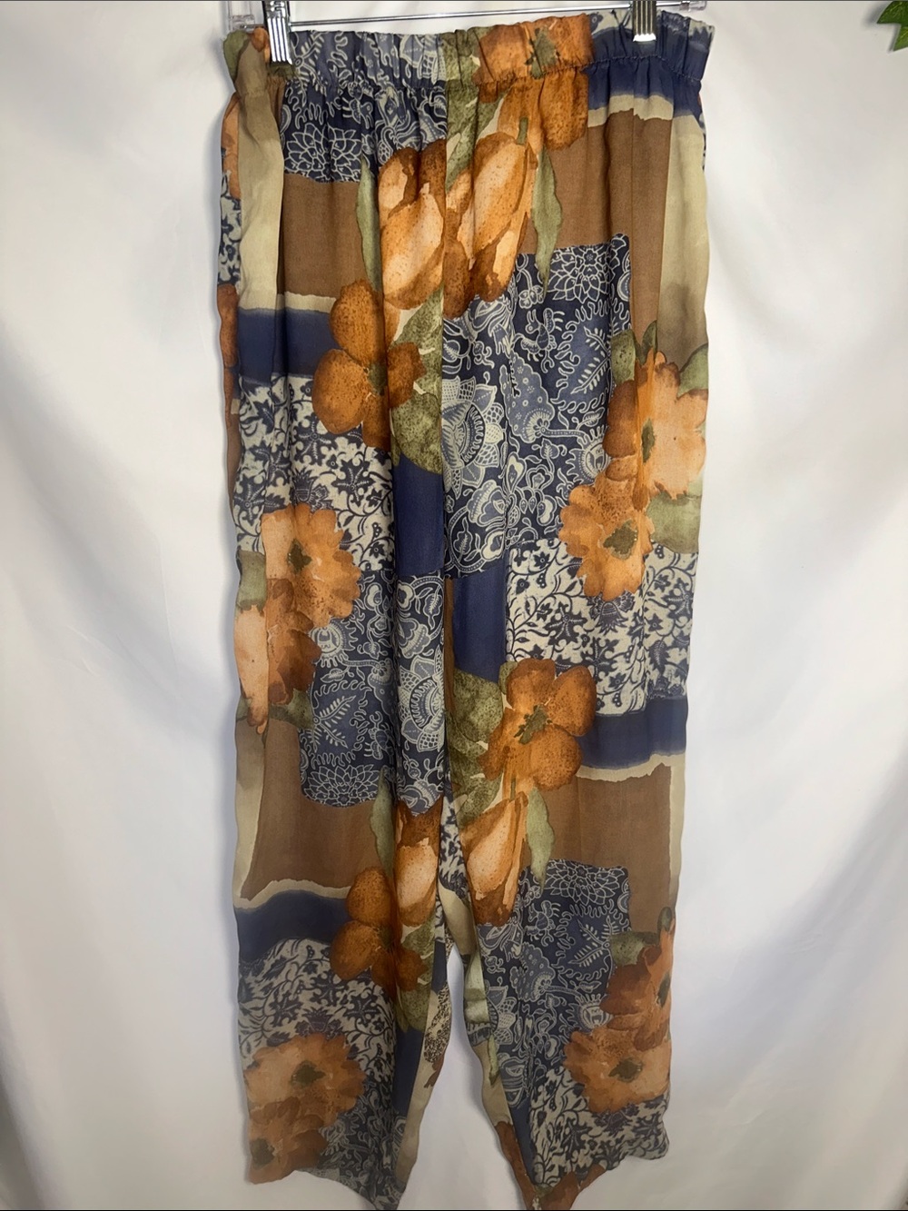 Wide Leg Floral Patchwork Pants in Navy and Orange